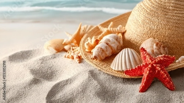 Fototapeta The summer concept of a sandy beach, straw hat, shellfish and starfish