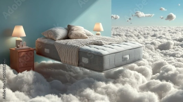 Fototapeta Advertising - testimonial photo of floating mattress in clouds