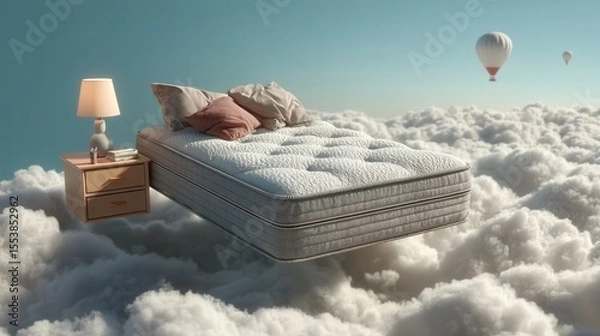 Fototapeta Advertising - testimonial photo of floating mattress in clouds