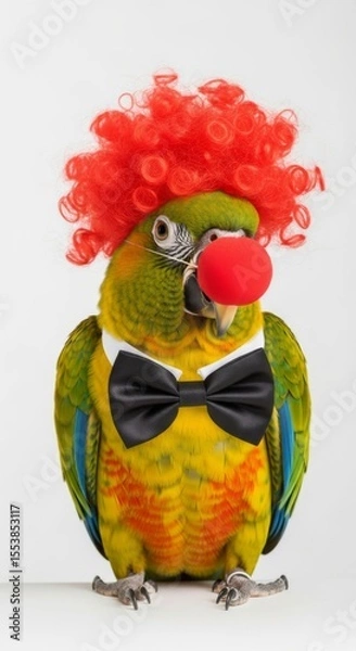 Obraz parrot dressed as a clown with a colorful wig, red nose, and bow tie. Humorous and surreal animal portrait on white background