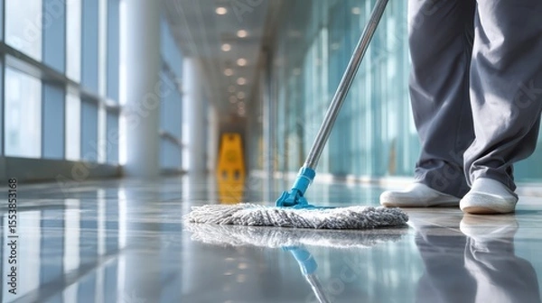 Fototapeta janitor mopping shiny floor in empty office