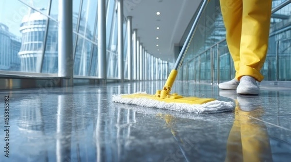 Fototapeta janitor mopping shiny floor in empty office