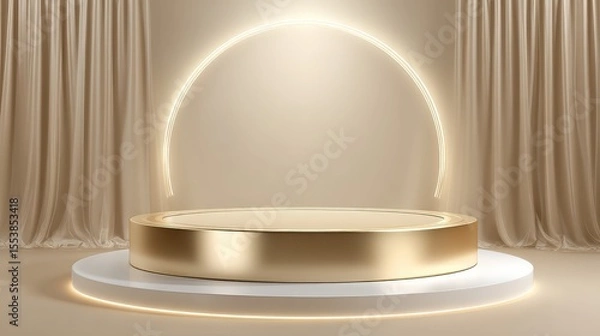 Fototapeta Luxurious golden podium with glowing light sits on a white platform