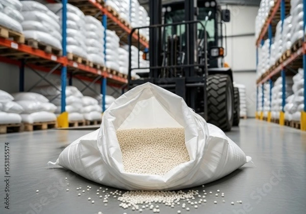 Obraz Pearl plastic pellets in an open bags, background: warehouse with raw material pallets and electric loader