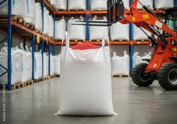 Obraz Red plastic pellets in an open bigbag, background: warehouse with raw material pallets and electric loader