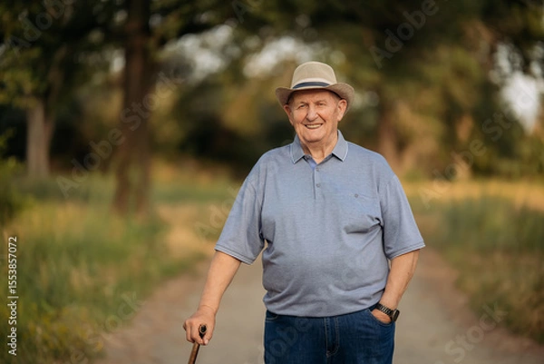 Fototapeta Grandfather in a hat. Portrait of a very old Caucasian man. Portrait: elderly, lonely, elderly, with many wrinkles on his face. Close-up of a thoughtful old man standing alone outdoors.