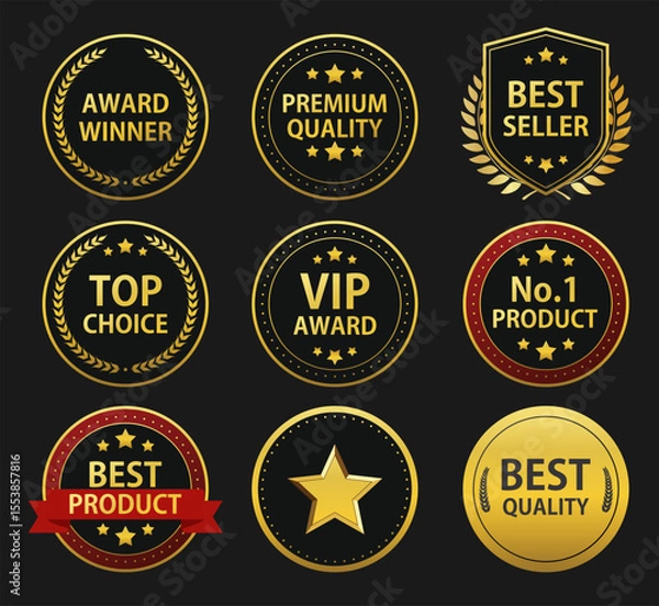 Fototapeta Set of 9 gold award badges with red and black accents. Includes premium, best seller, top choice, and VIP labels. Ideal for certificates, branding, and promotions. Vector, fully editable 
