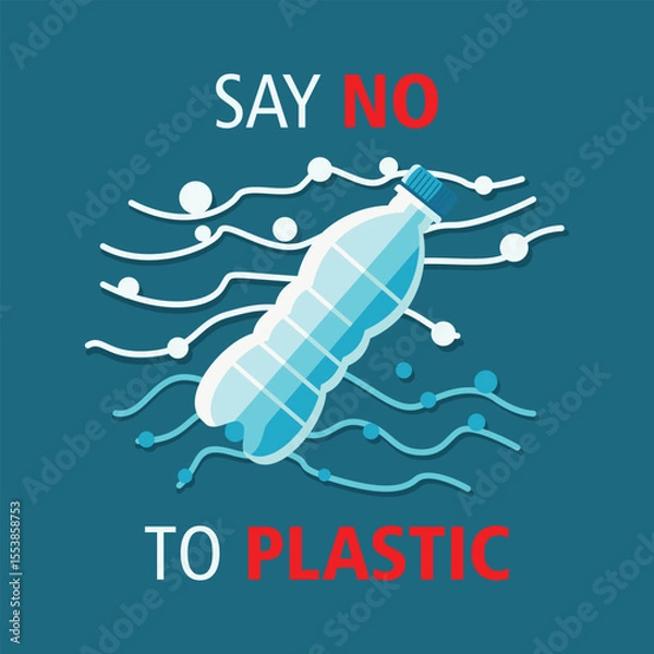 Fototapeta Say No to Plastic Bottle Pollution Illustration. Flat vector of a plastic bottle with warning sign and message “Say No to Plastic” – perfect for environmental awareness designs.