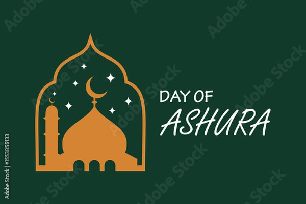 Fototapeta Ashura Day Vector with Islamic Arch and Mosque Design. Elegant vector of Ashura Day featuring mosque silhouette inside an Islamic arch with crescent moon and stars.