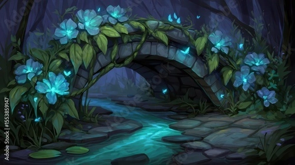 Fototapeta In a 2d art depiction, a fairy forest city comes alive with magical glowing plants, moss-covered ancient trees, and stunning houses boasting glowing windows, as butterflies and fireflies weave
