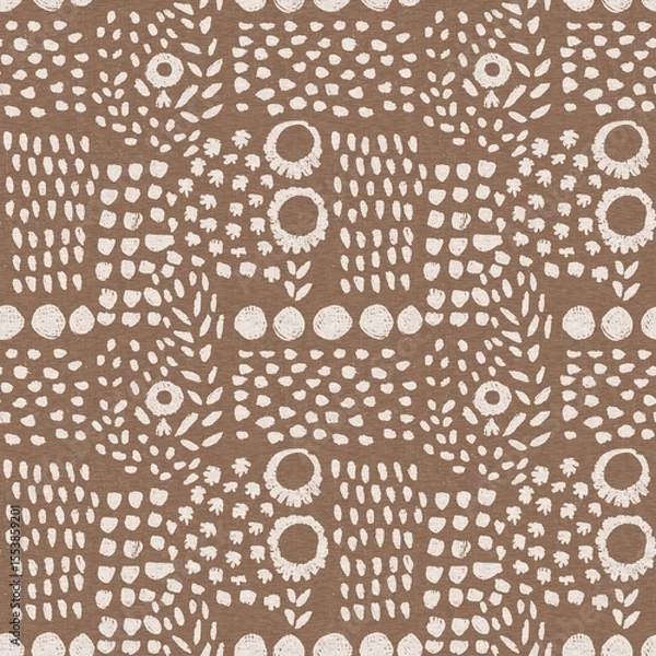 Fototapeta Calm scribble shape minimal shape seamless pattern. Gender neutral baby nursery natural brown linen decor background. Scandi style sketch doodle wallpaper in decorative kid fashion swatch. 