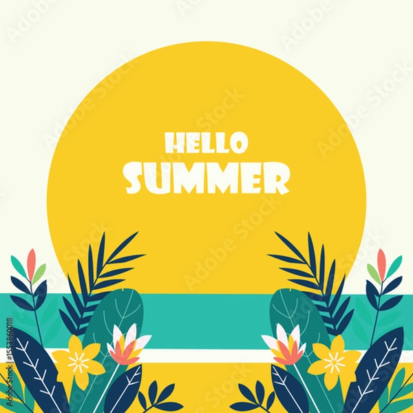 Fototapeta Bright Summer Banner with Tropical Foliage Illustration. Colorful vector banner with sun and tropical foliage. Ideal for web design, invitations, posters, and seasonal promotional use.
