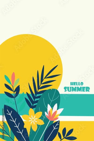 Fototapeta Flat Design Summer Background with Tropical Plants. Minimalist flat vector design with vibrant tropical leaves and flowers for summer event posters, digital ads, or greeting cards.