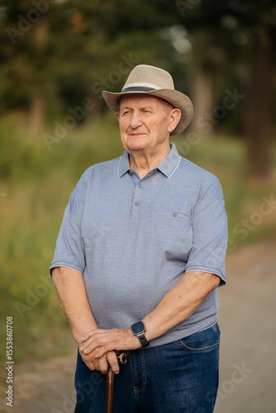Fototapeta Grandfather in a hat. Portrait of a very old Caucasian man. Portrait: elderly, lonely, elderly, with many wrinkles on his face. Close-up of a thoughtful old man standing alone outdoors.
