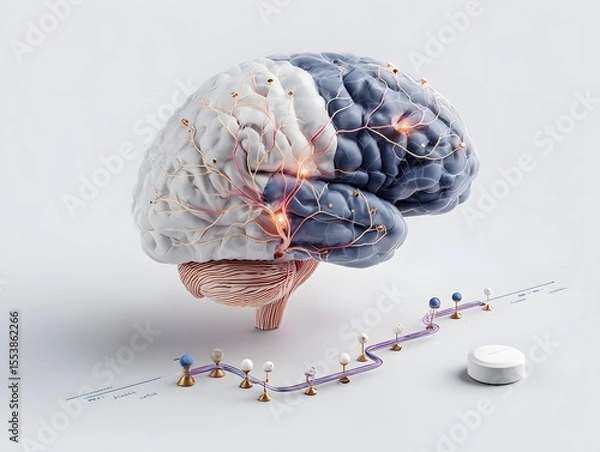 Fototapeta Brain Illustration Showing Neurotransmitter Pathways and Medication on White Background

