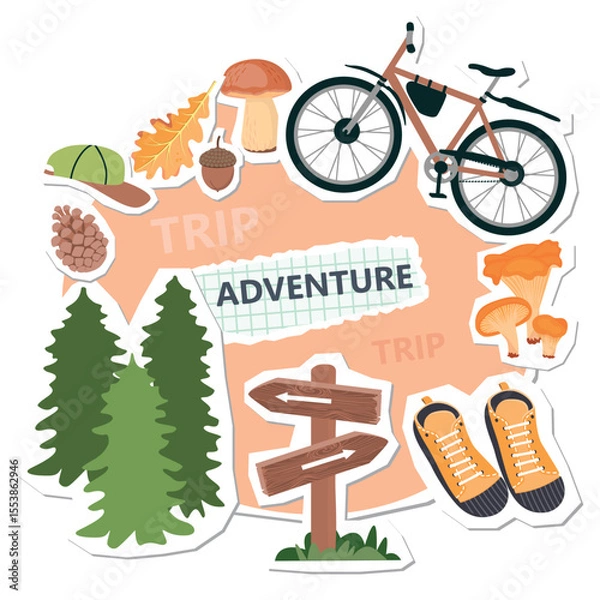 Fototapeta Travel collage elements set with bike, pine forest, mushrooms, pine cone, acorn, oak leaf, sneakers, cap, wooden sign with arrows. Cartoon objects with paper cut shapes. Vector designs for banners