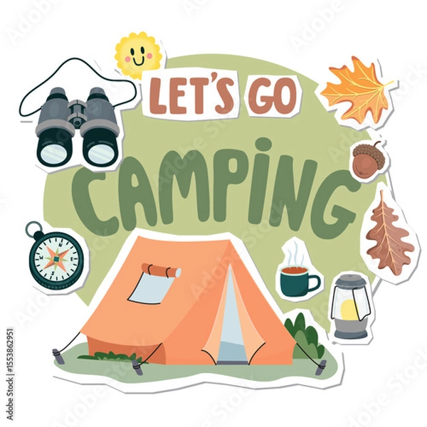 Fototapeta Let's go camping collage elements set with tent, binoculars, compass, mug with hot drink, oak and maple leaves, acorn, smile. Travel cartoon objects with paper cut shapes. Vector designs for banner.