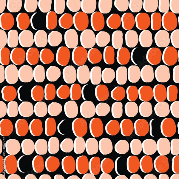 Fototapeta Hand drawn round shapes seamless pattern. Jagged ovals of orange, pink, white colors on black background. Abstract texture for printing on fabric and paper. Vector design for textile, wallpaper, cover