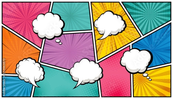 Fototapeta Colorful comic book layout with empty speech and thought bubbles on a retro pop art background. Vector illustration