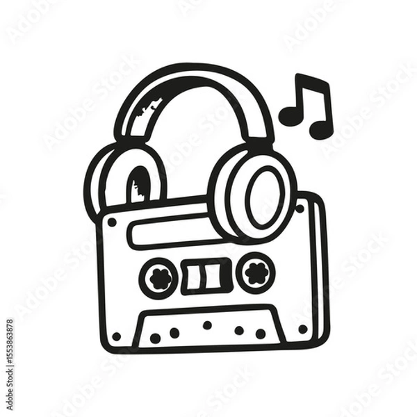 Fototapeta Hand drawn illustration shows a music cassette tape with headphones on top of it and a music note next to it. Black and white vector art in doodle style