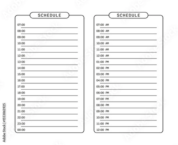 Fototapeta Two schedule templates are presented. One is in digital time format and the other is in analog time format. Each is organized to help with daily planning