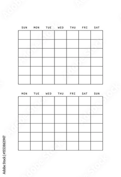 Obraz Two weekly calendars are displayed, one begins on Sunday and the other on Monday. Both calendars have blank grids for planning or scheduling