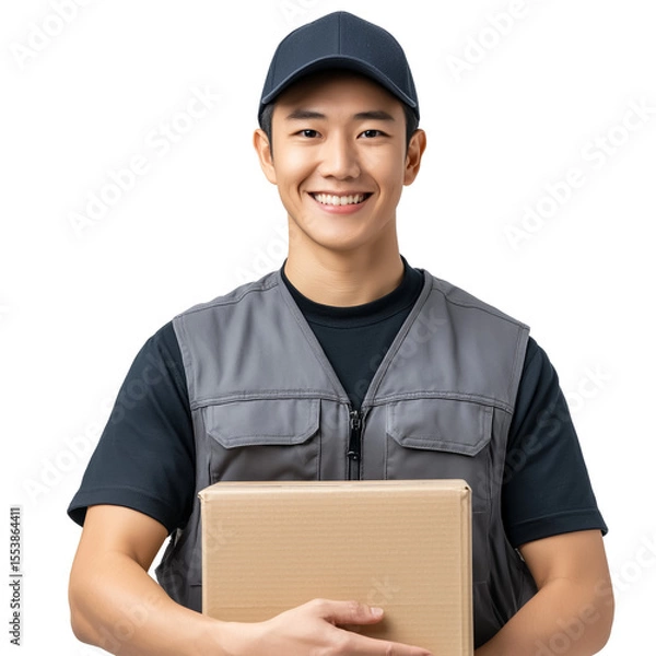 Obraz Smiling delivery man holding package on white background PNG transparent background
