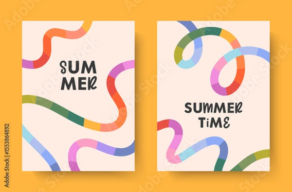 Fototapeta Summer abstract backgrounds with bright rainbow lines.Modern illustrations with colorful shapes.Summer vacation banners in simple fun style.Vertical prints for posters,banners,covers,branding,fashion