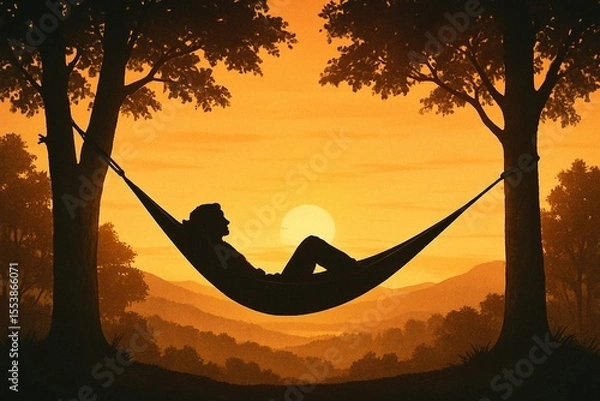 Obraz Silhouette of a person peacefully relaxing in a hammock during a warm sunset