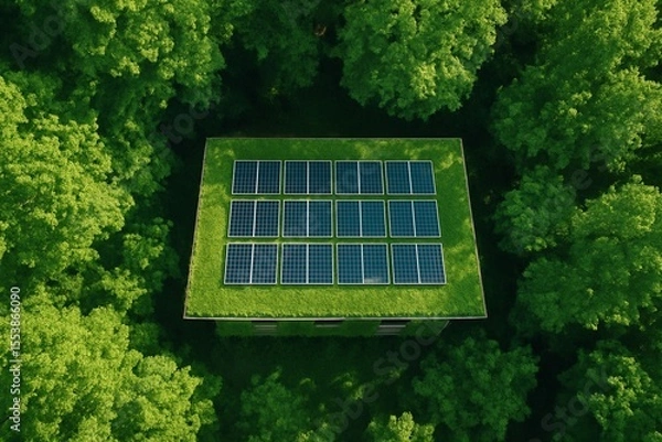 Obraz Aerial view of a sustainable building with a green roof and solar panels in a forest