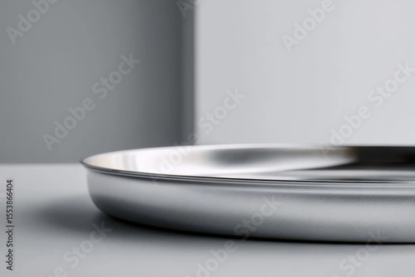 Fototapeta sleek metallic tray with reflective surface placed on clean neutral background