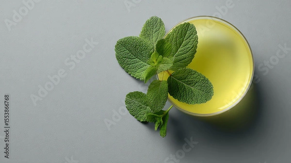 Fototapeta minimalist composition of summer tea with fresh mint leaves set against clean light gray background
