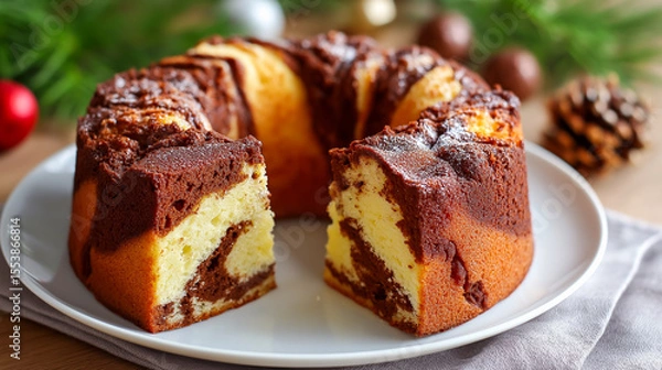 Obraz Homemade marble cake with swirls of chocolate and vanilla served on white plate