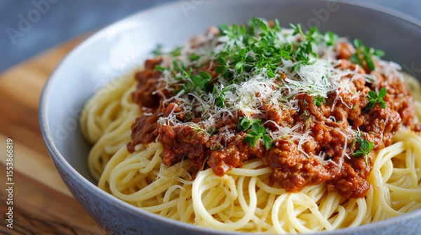 Obraz Spaghetti with beef bolognese sauce, topped with grated cheese and fresh herbs