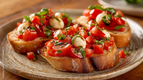 Obraz Fresh Caprese bruschetta with tomato, basil and mozzarella on toasted bread
