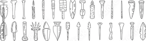 Fototapeta Collection of primitive tools and objects in black and white line drawing bone knife