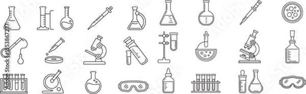 Fototapeta Collection of scientific laboratory equipment icons in black outline science tools