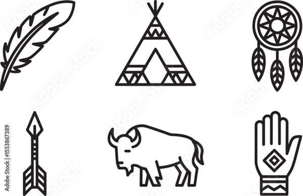 Fototapeta Set of six black line art icons featuring indigenous American symbols feather quill
