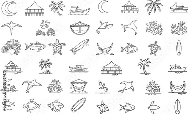 Fototapeta Tropical island beach and ocean line art icons moon crescent