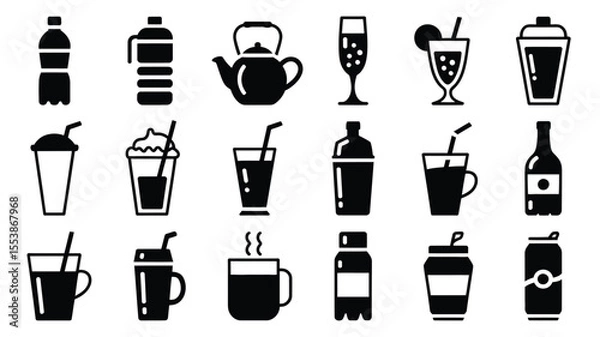 Fototapeta Collection of various beverage icon illustrations in black and white for food and drink concepts
