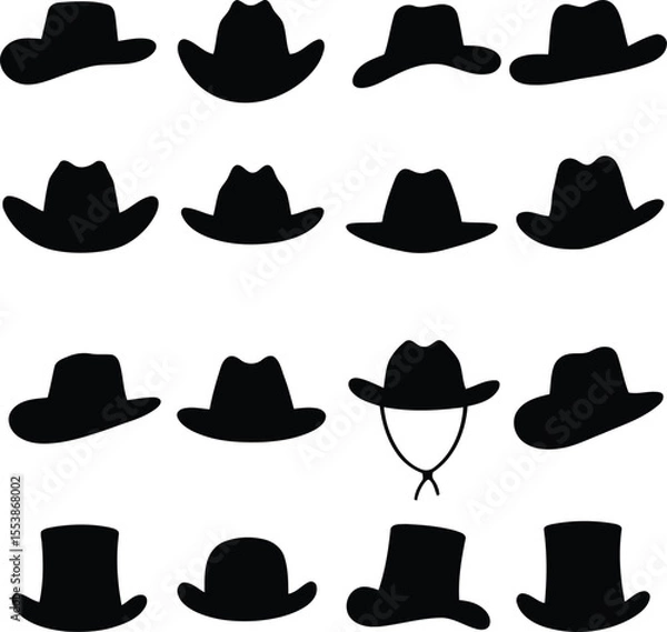 Obraz set of a black Cowboy hat icon vector silhouettes with minimalist logotype vector white background