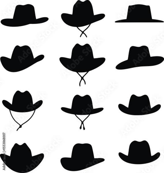 Obraz set of a black Cowboy hat icon vector silhouettes with minimalist logotype vector white background