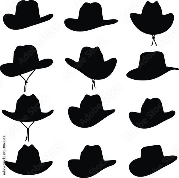 Obraz Modern Cowboy Hat Logotype Set with Black Icons Silhouette 

