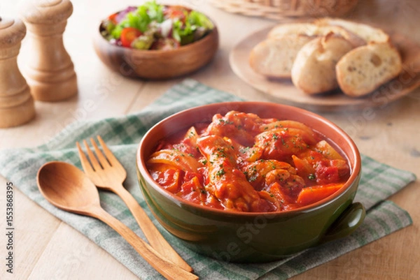 Fototapeta 【鶏手羽元のトマト煮】鶏手羽元を玉ねぎなどの野菜とたっぷりのトマトで煮込みました。寒い季節にポカポカ嬉しいあったかメニュー。