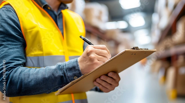 Obraz Warehouse worker in safety vest writing on clipboard while inspecting inventory