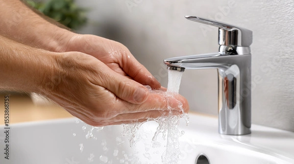 Obraz Close-up of hands being washed under running tap water in modern bathroom