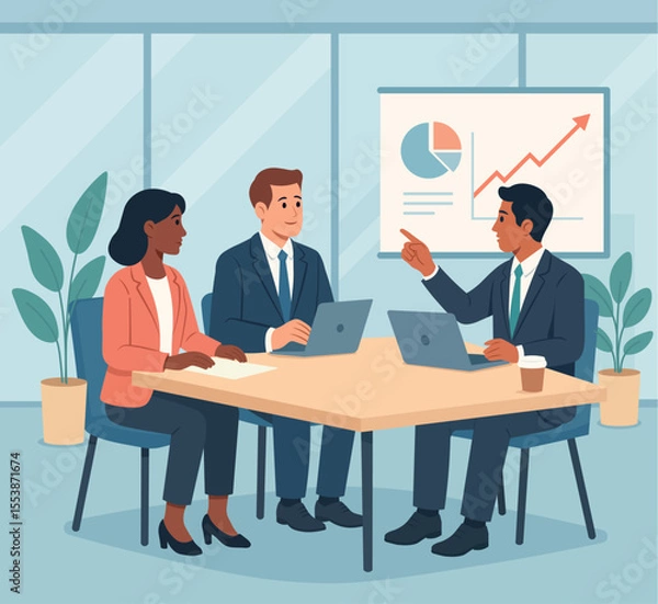 Fototapeta Business team meeting in modern office. Flat vector illustration with diverse coworkers, laptops, charts and presentation screen. Corporate discussion and teamwork.