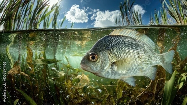 Fototapeta Close-up of fish swimming through aquatic plants in clear water with a bright sky above