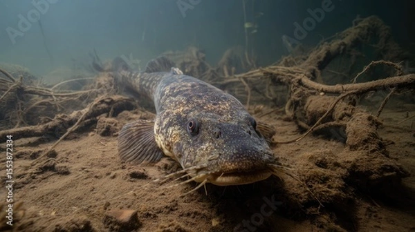 Fototapeta Large freshwater catfish swimming near submerged roots in a river during daylight hours
