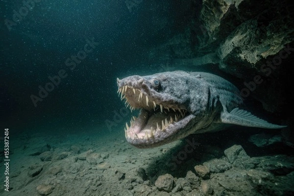 Fototapeta Ancient predator swims underwater in a dark cave showing sharp teeth and distinctive features